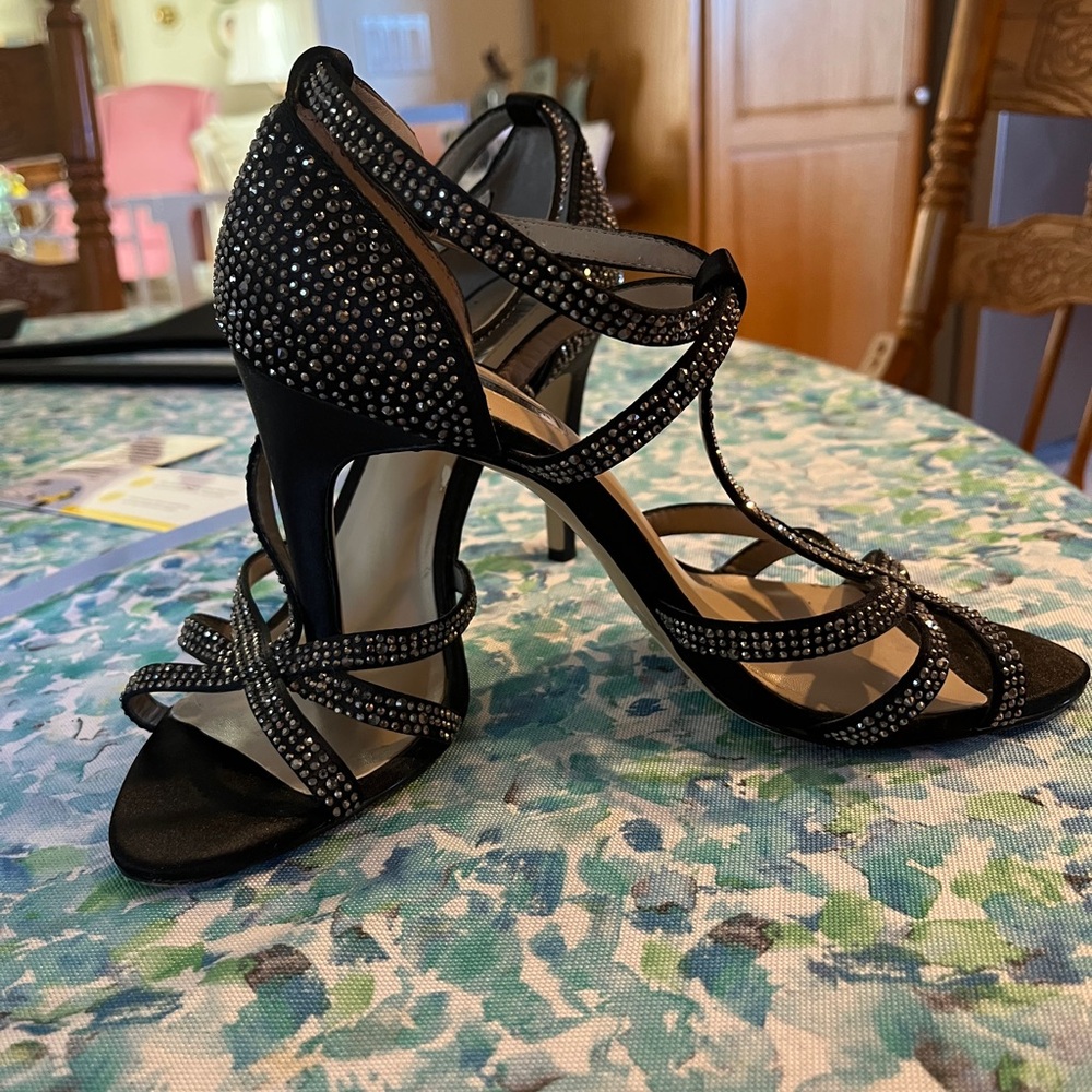 INC International Concepts Black Rhinestone Heels Black Satin w/rhinestones